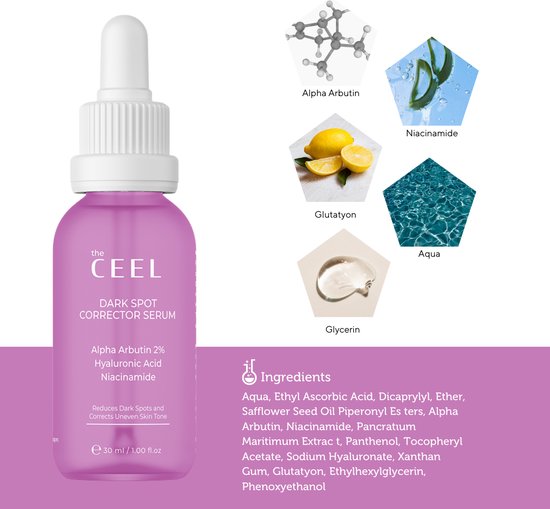 Ceel Natural Dark Spot Corrector Serum-30ml - Dark Spots & Pigmentation With Glutathione Alpha Arbutin 2%, HyaluronicAcid and Niacinamide